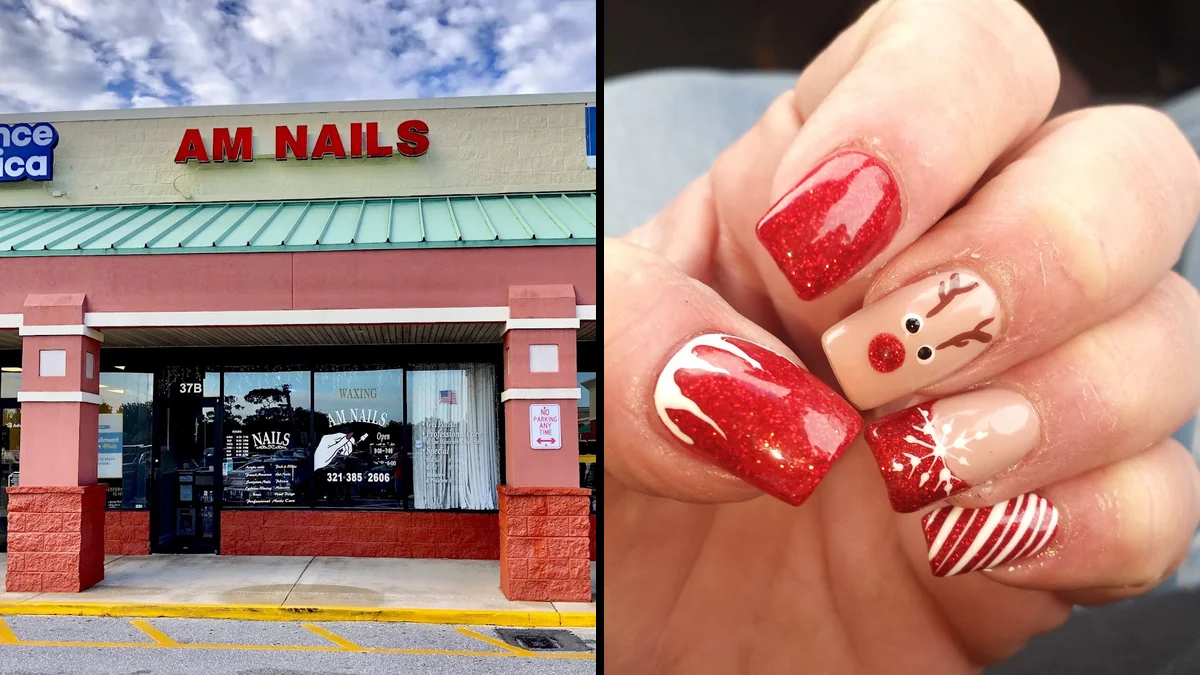 Salon station with nail polish bottles.