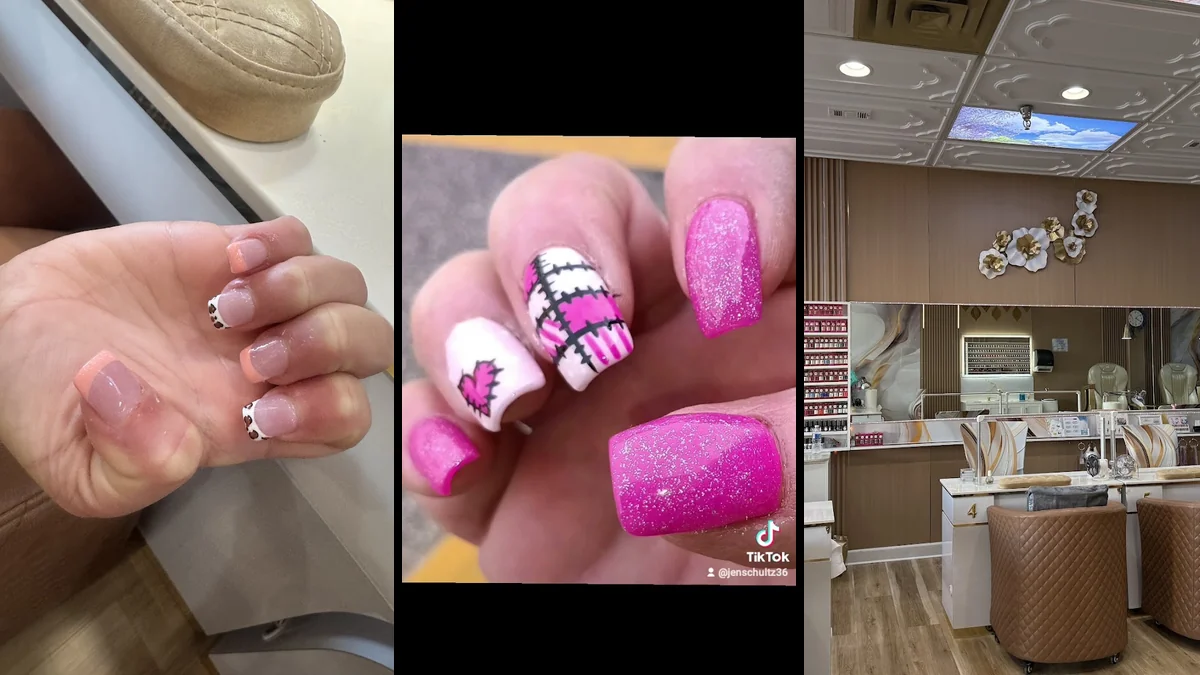 Neatly polished nails beside manicure tools.